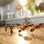 Close-up of ants foraging kitchen indicating an active ant infestation