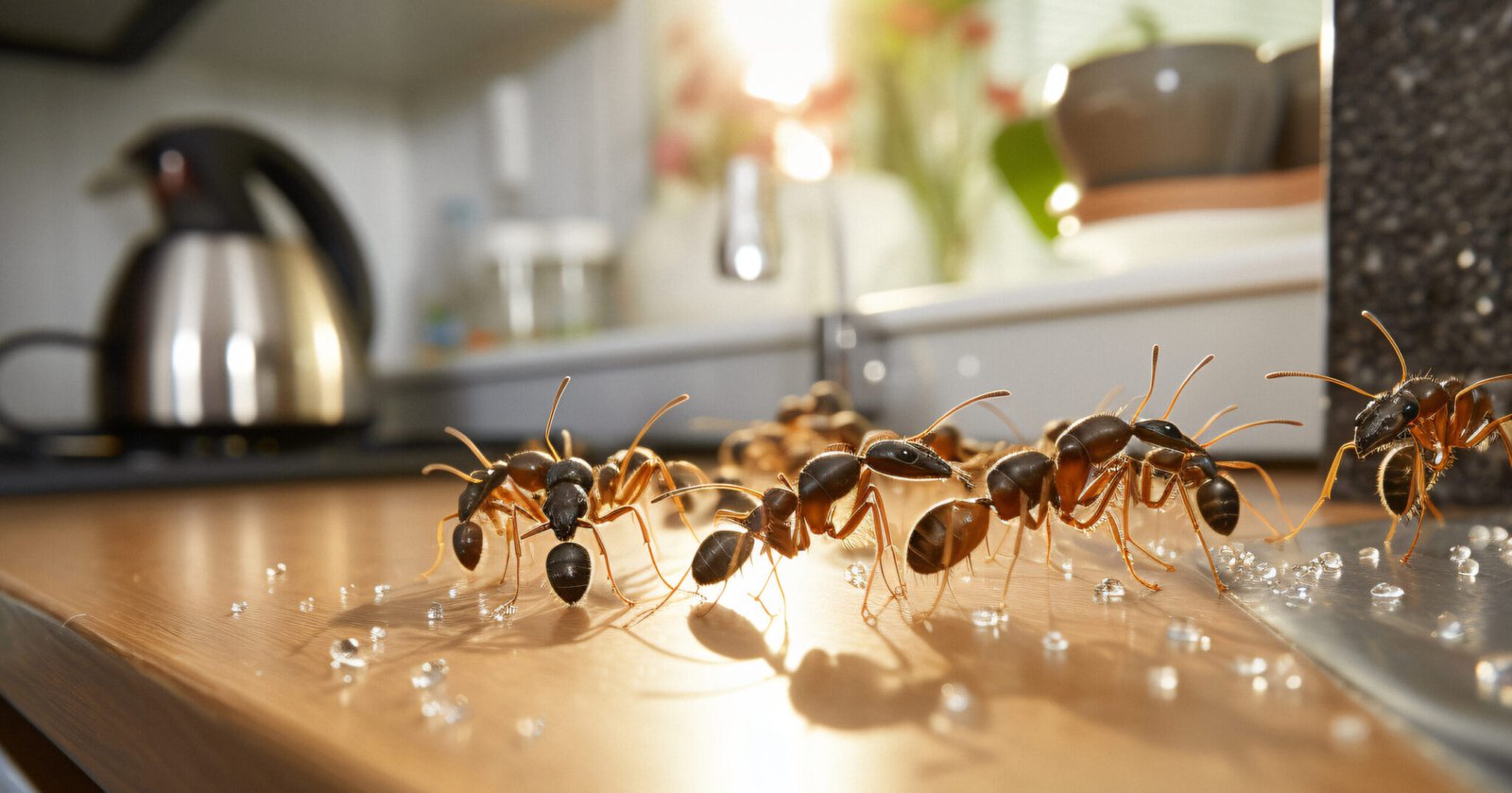 Close-up of ants foraging kitchen indicating an active ant infestation