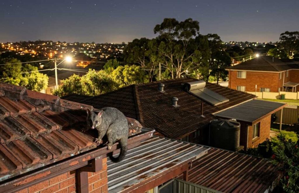 Possum Removal Seven Hills service handling possum on residential roof at night