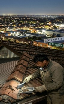 Possum removal hornsby technician inspecting roof for possum activity at night