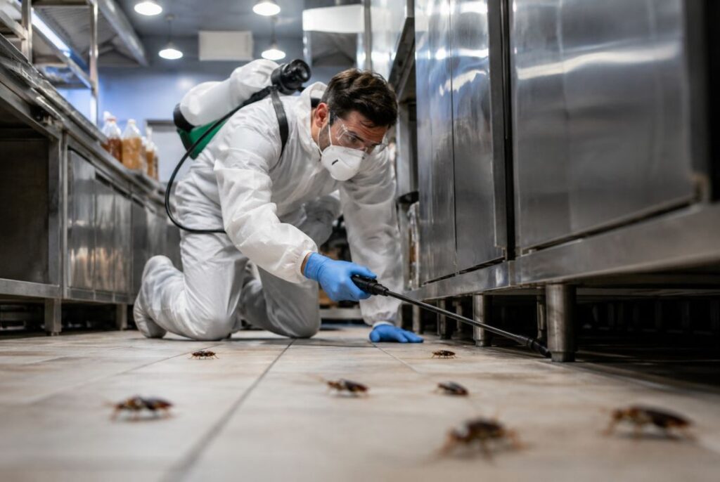 Professional pest control technician spraying cockroaches in a commercial kitchen with stainless steel equipment and tiled flooring.