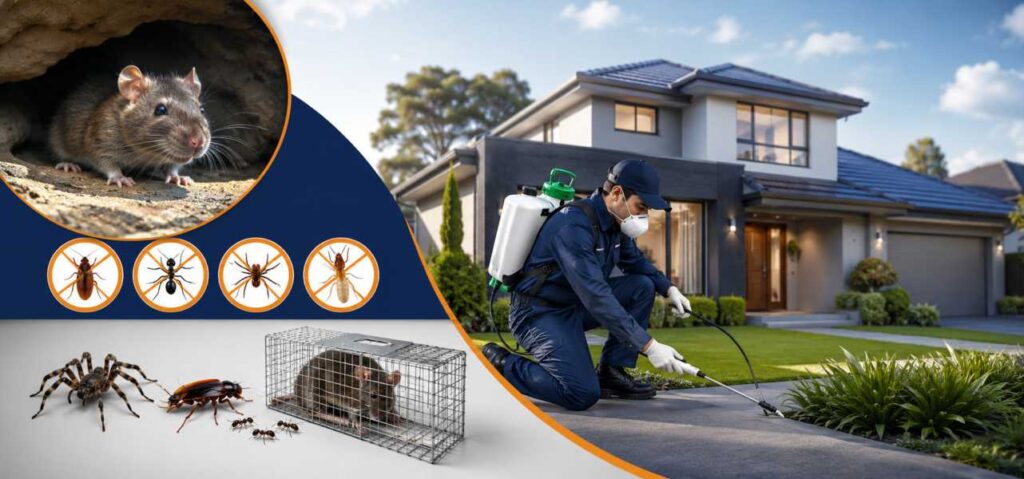 Professional pest control technician applying pest treatment outside a modern home in Blacktown with common household pests including rats, cockroaches, ants, termites, spiders, and a rodent trap, representing residential pest control services.