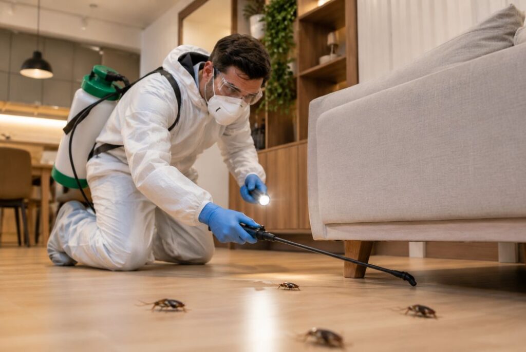 Pest control technician treating cockroach infestation near a sofa in a modern residential living room.