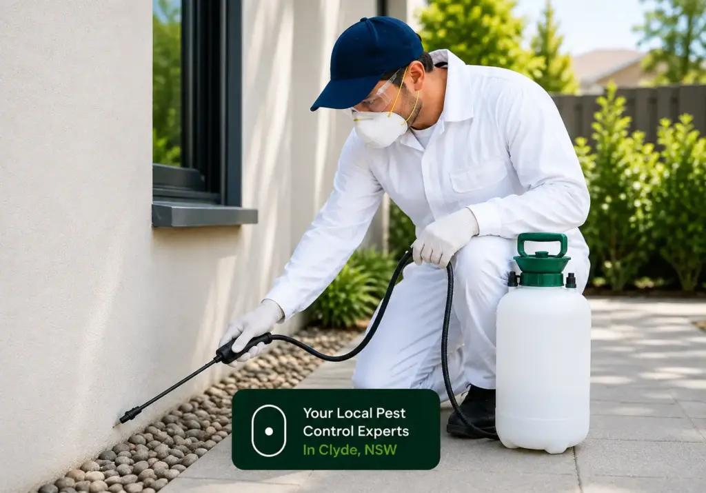 Professional Hamro Best Pest Control technician in protective gear spraying exterior house foundation in Clyde, NSW.