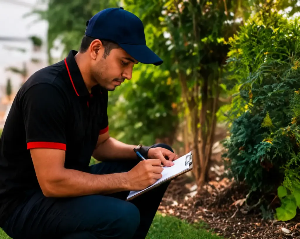 Professional Nepali pest control technician writing down pest prevention and protection recommendations outdoors in Sydney.