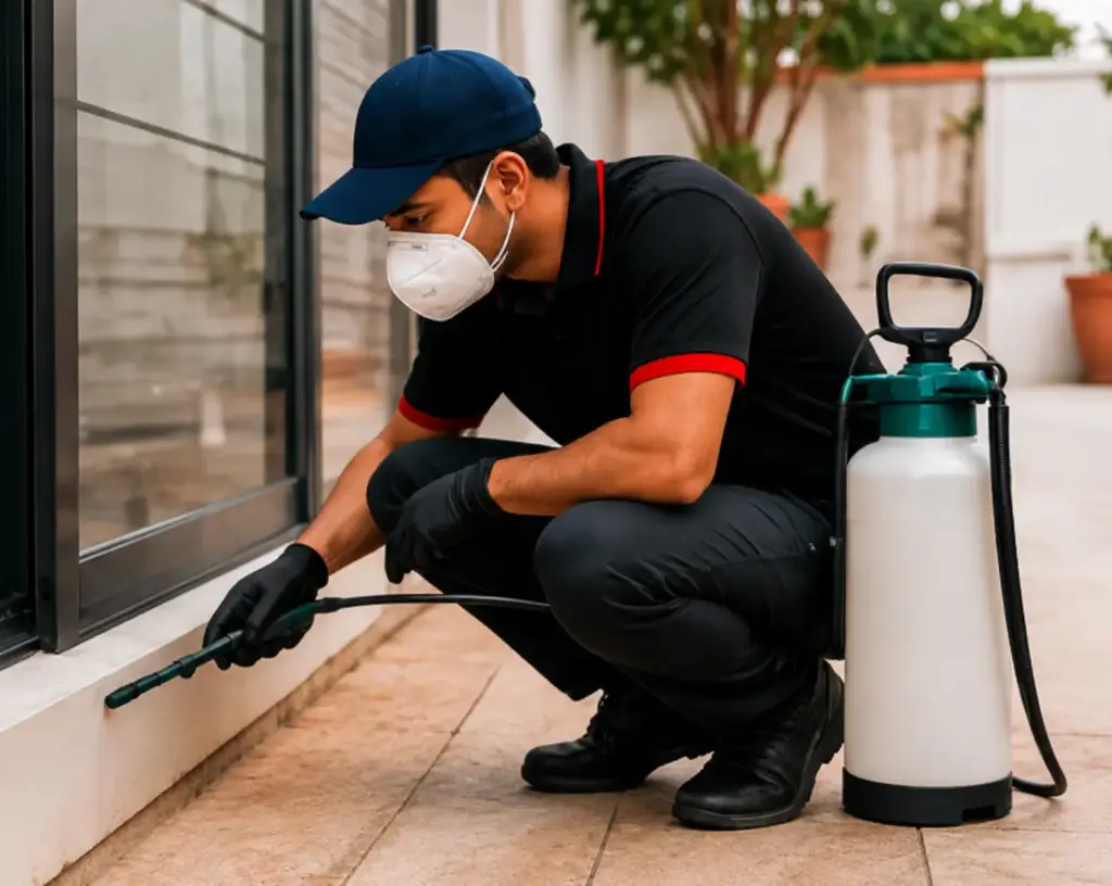 Licensed Nepali pest control technician applying targeted chemical treatment along a house perimeter in Sydney.