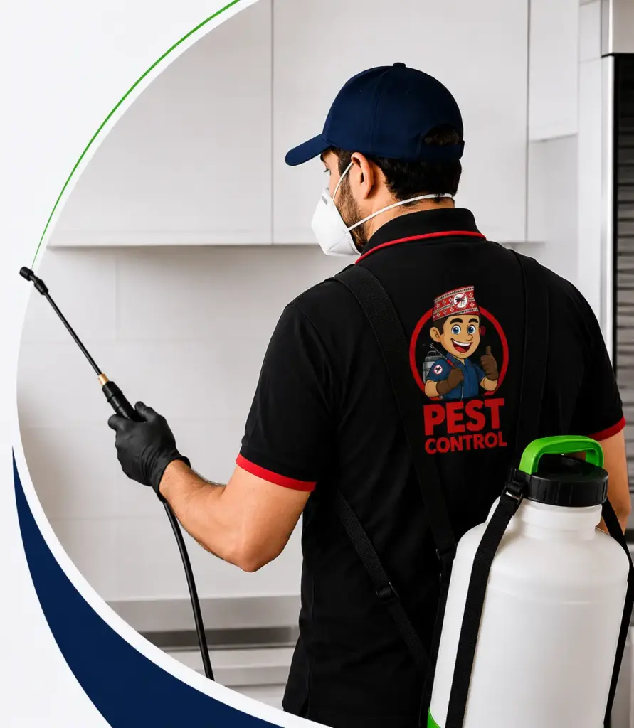 Professional Nepali pest control technician applying targeted treatment in a modern Sydney kitchen.