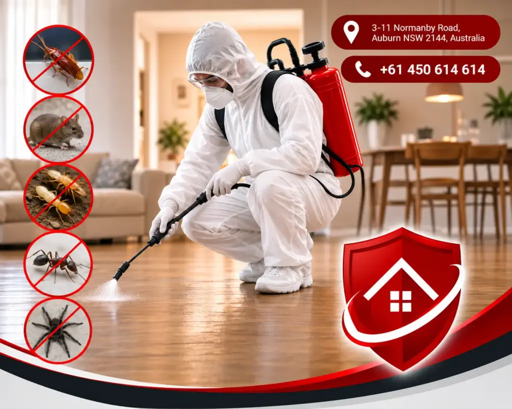Professional pest control technician treating a home in Silverwater NSW for cockroaches, spiders, ants, termites and other pests.