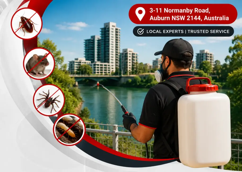Pest control technician from Hamro Best Pest Control spraying treatment outdoors near Silverwater, targeting cockroaches, rodents, spiders, and termites.