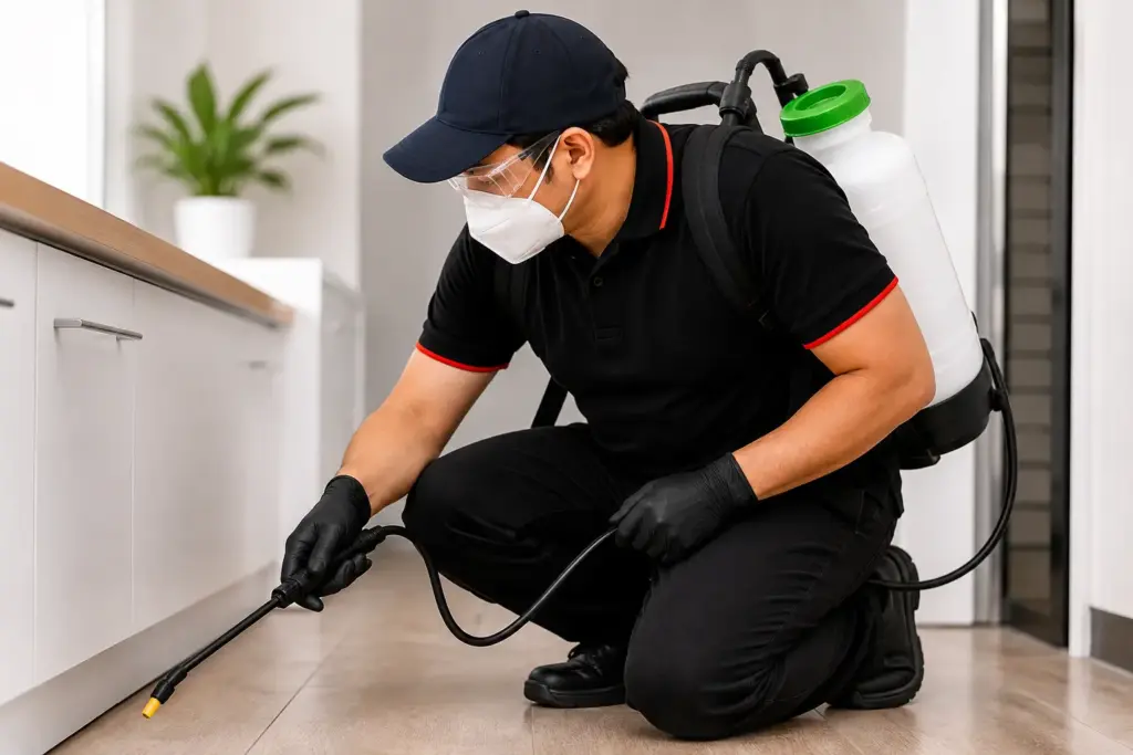 Professional pest control technician treating a residential property in Silverwater NSW with a backpack sprayer