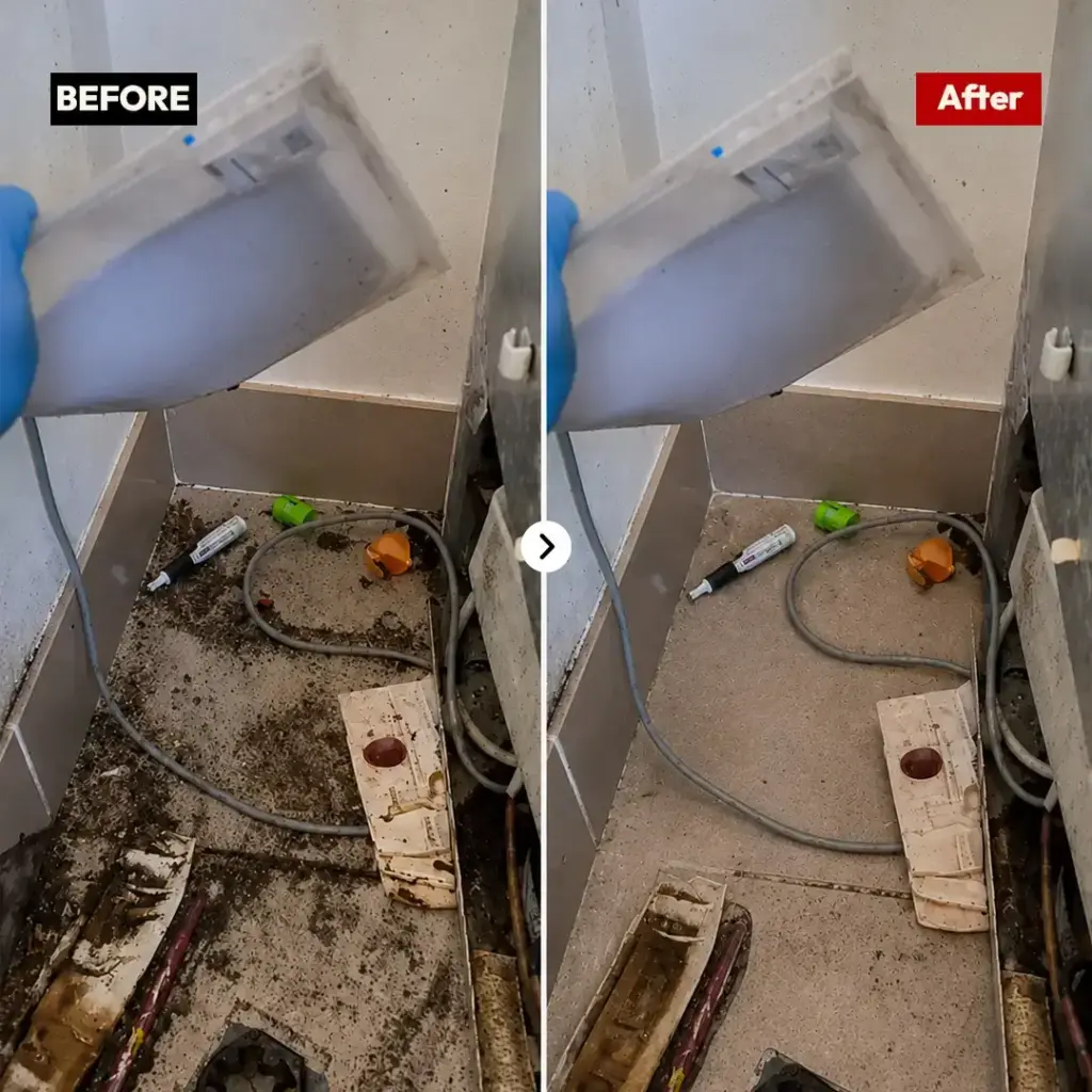 Before and after cockroach gel baiting and floor cleanup behind a refrigerator by Hamro Best Pest Control