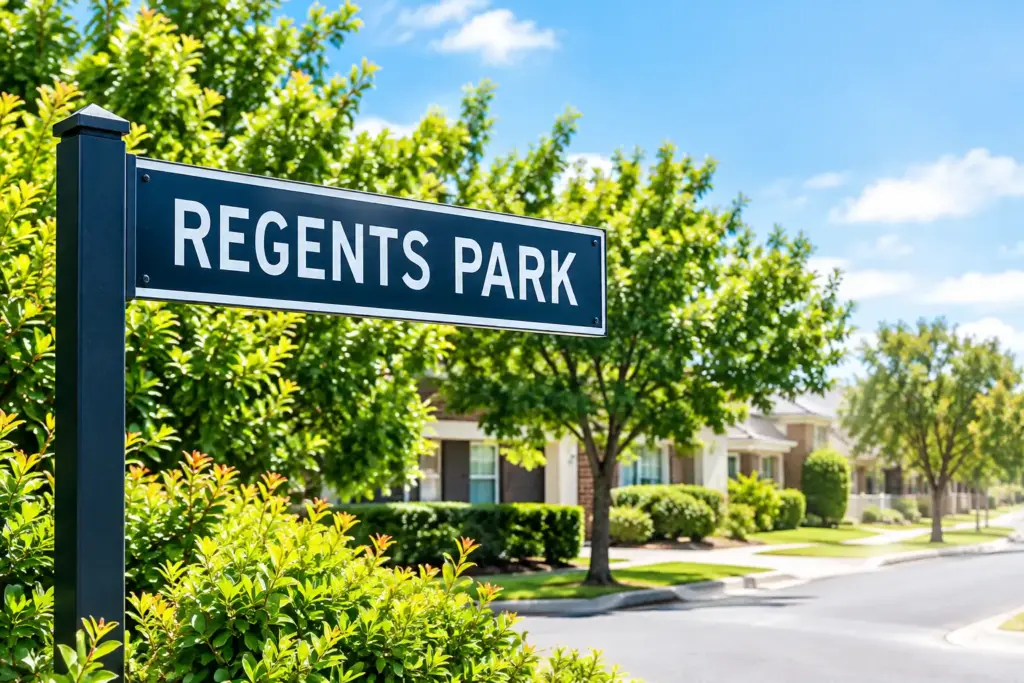 Regents Park residential street sign and homes for Hamro Best Pest Control service area