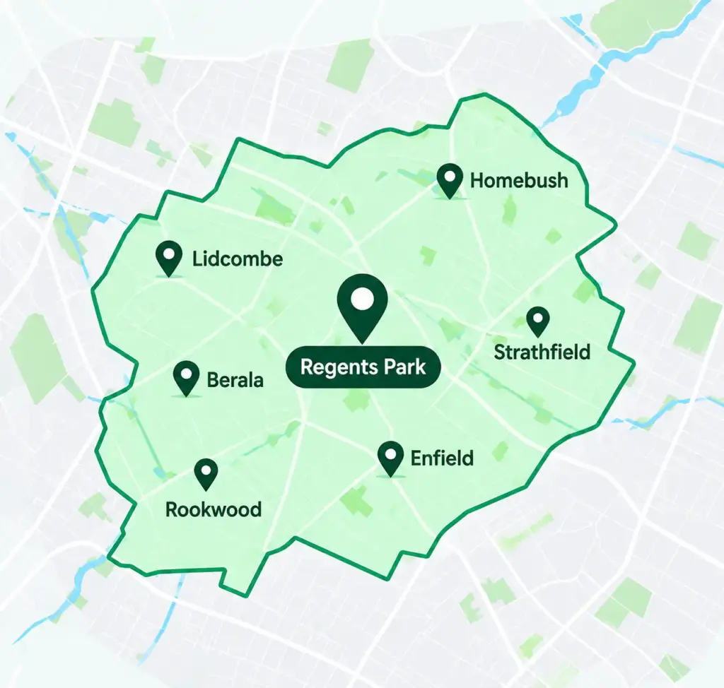 Pest control service area map showing Regents Park and surrounding suburbs