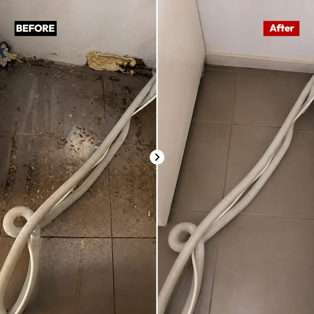 Before and after pest control and floor cleanup behind laundry appliances in Silverwater by Hamro Best Pest Control