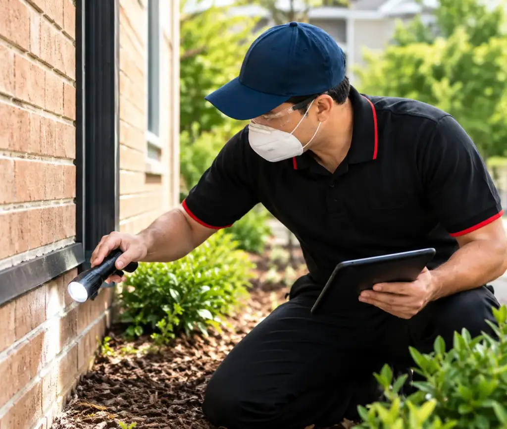Professional pest control technician inspecting a residential property in Regents Park for signs of pests and entry points
