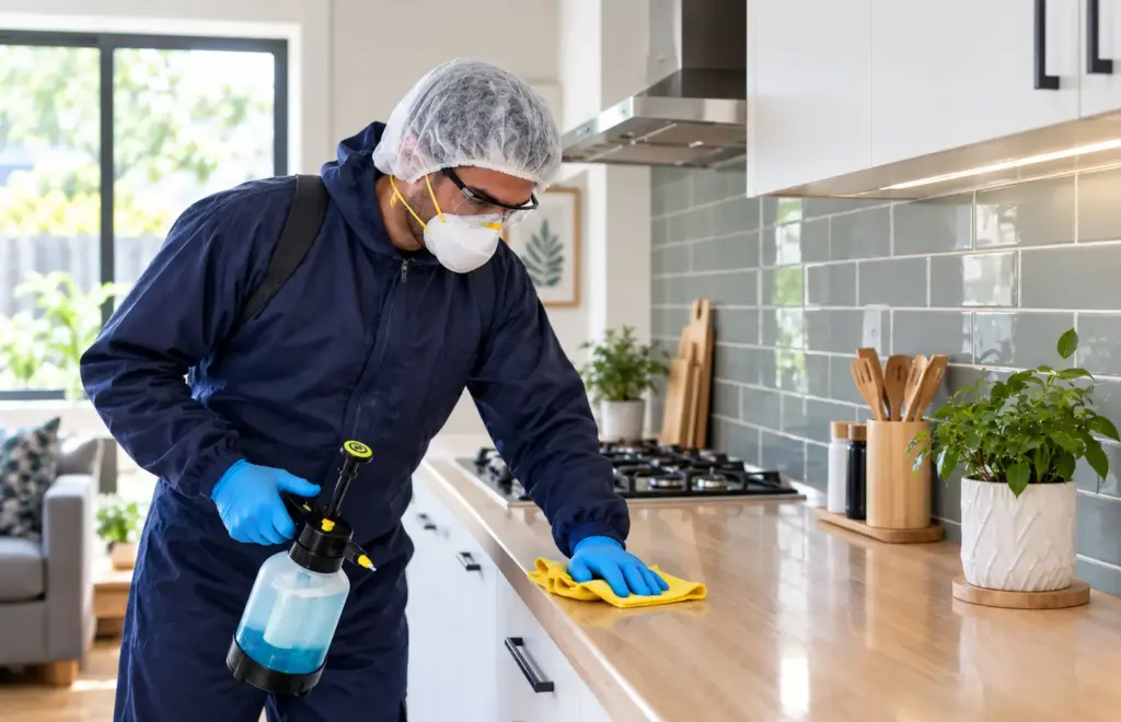 Residential pest control technician treating a kitchen countertop in a modern home for Hamro Best Pest Control.