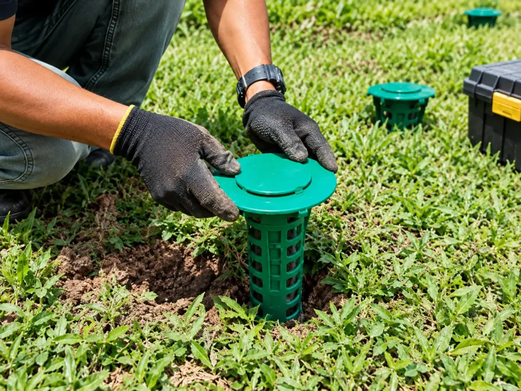 Pest control technician wearing work gloves placing a green in-ground bait station into the lawn during a termite baiting system installation in Sydney.