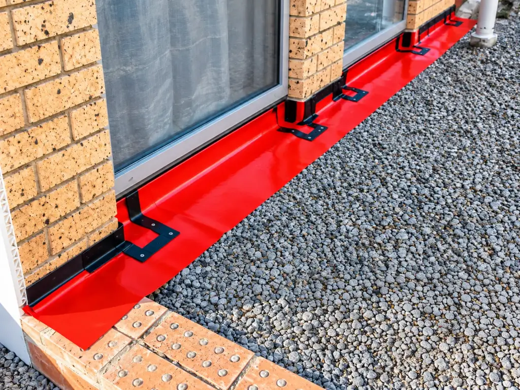 A red physical termite barrier flashing installed along the perimeter brickwork and window sill of a residential building provides long-lasting protection as a high-quality Termite Barrier in Sydney.