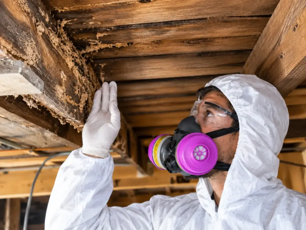 Professional pest control technician wearing protective gear inspecting damaged wooden beams during a termite inspection in Sydney.