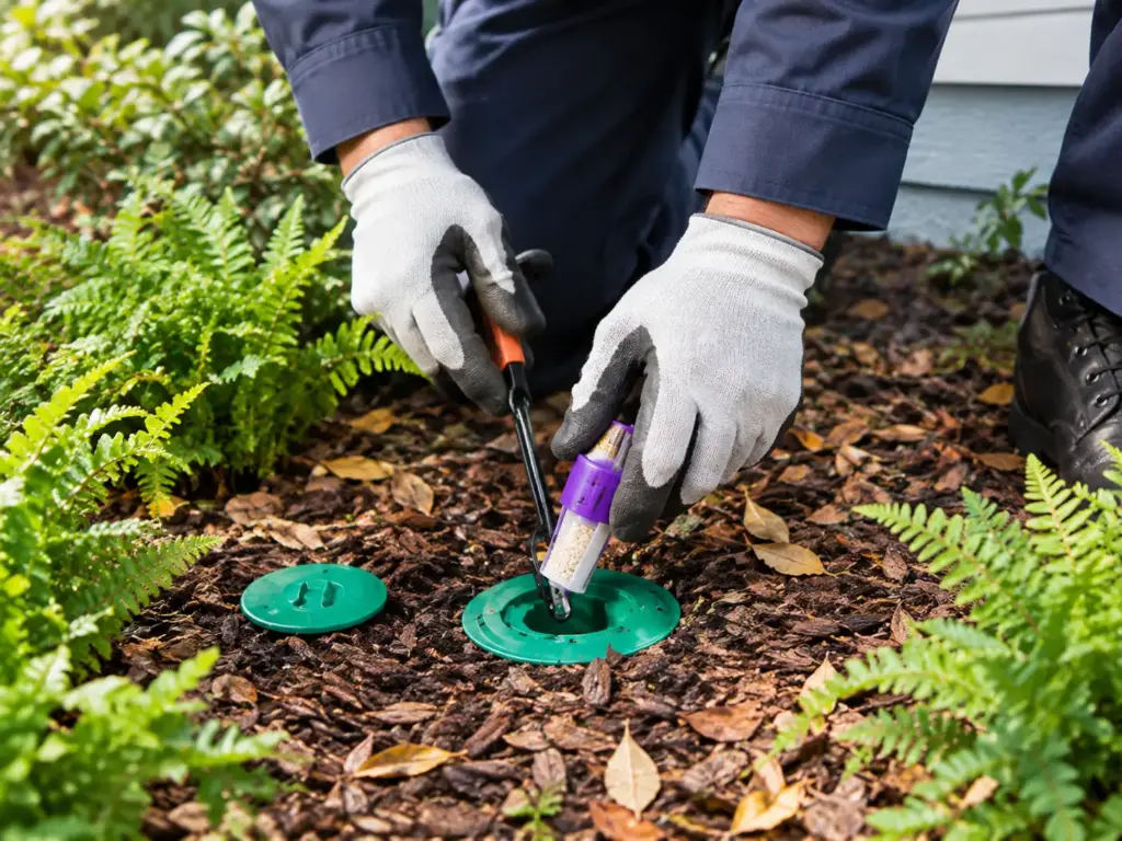 Pest control technician installing a bait capsule into an in-ground termite baiting station during a professional termite treatment in Sydney.