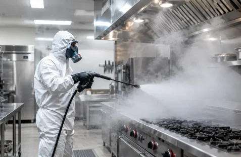 Hamro Best Pest Management providing commercial pest control treatment in a stainless-steel commercial kitchen.