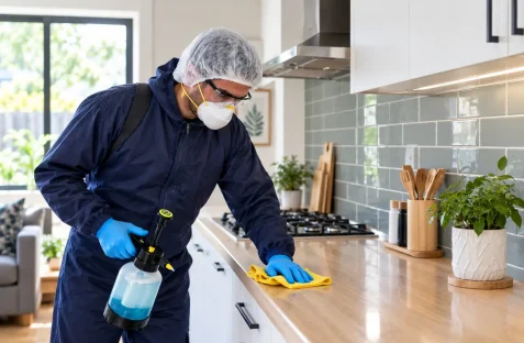 Residential pest control technician treating a kitchen countertop in a modern home for Hamro Best Pest Control.