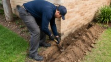 trenching around the foundation for installing chemical barrier termites